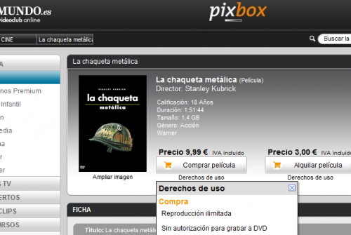Ficha de la película "La chaqueta metálica" en pixbox, compra por 9,99€ y alquiler por 3€