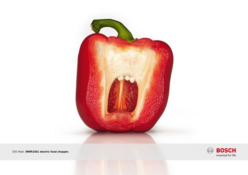 Anuncio de Bosch - Pimiento cortado de forma que parece una cara asustada